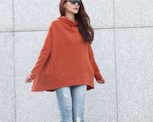 Lagenlook Hoodie Cape Style Top Fashionable Hooded Cotton Top in Dark Orange for Women - NC371
