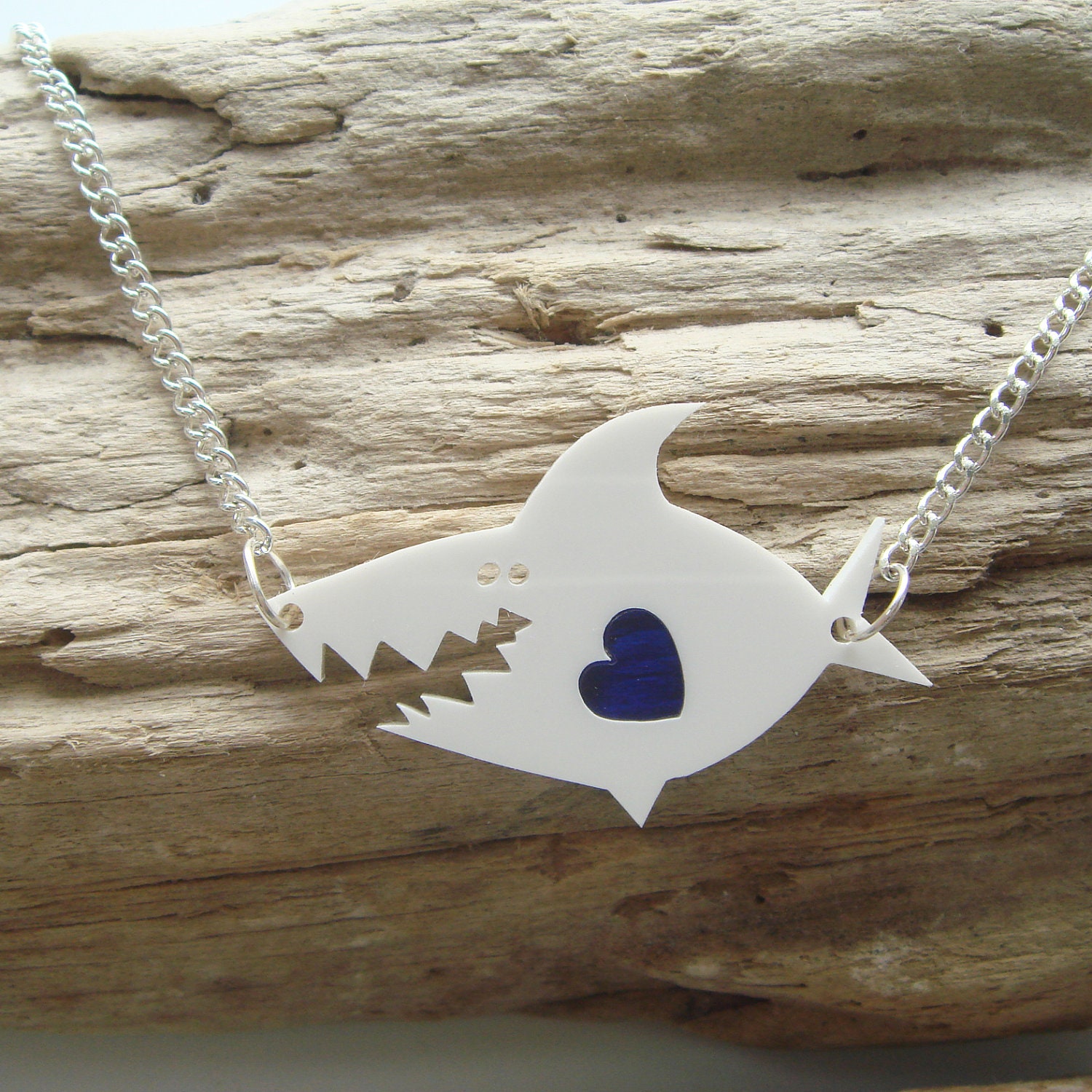 Gavin the shark acrylic necklace with a swappable coloured heart