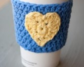 Crochet Coffee Cozy - Blue with Yellow Heart