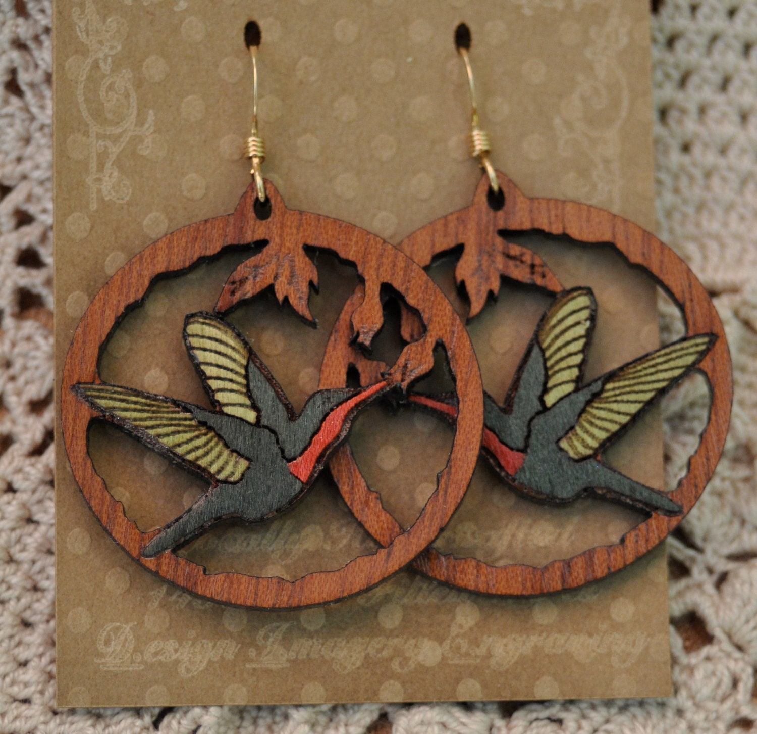 Humming Bird - Veneer Wood Inlay on Mahogany Earrings