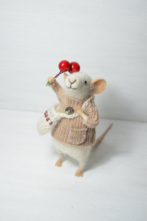 Little Traveler Collector Mouse - unique - needle felted ornament animal, felting dreams made to order
