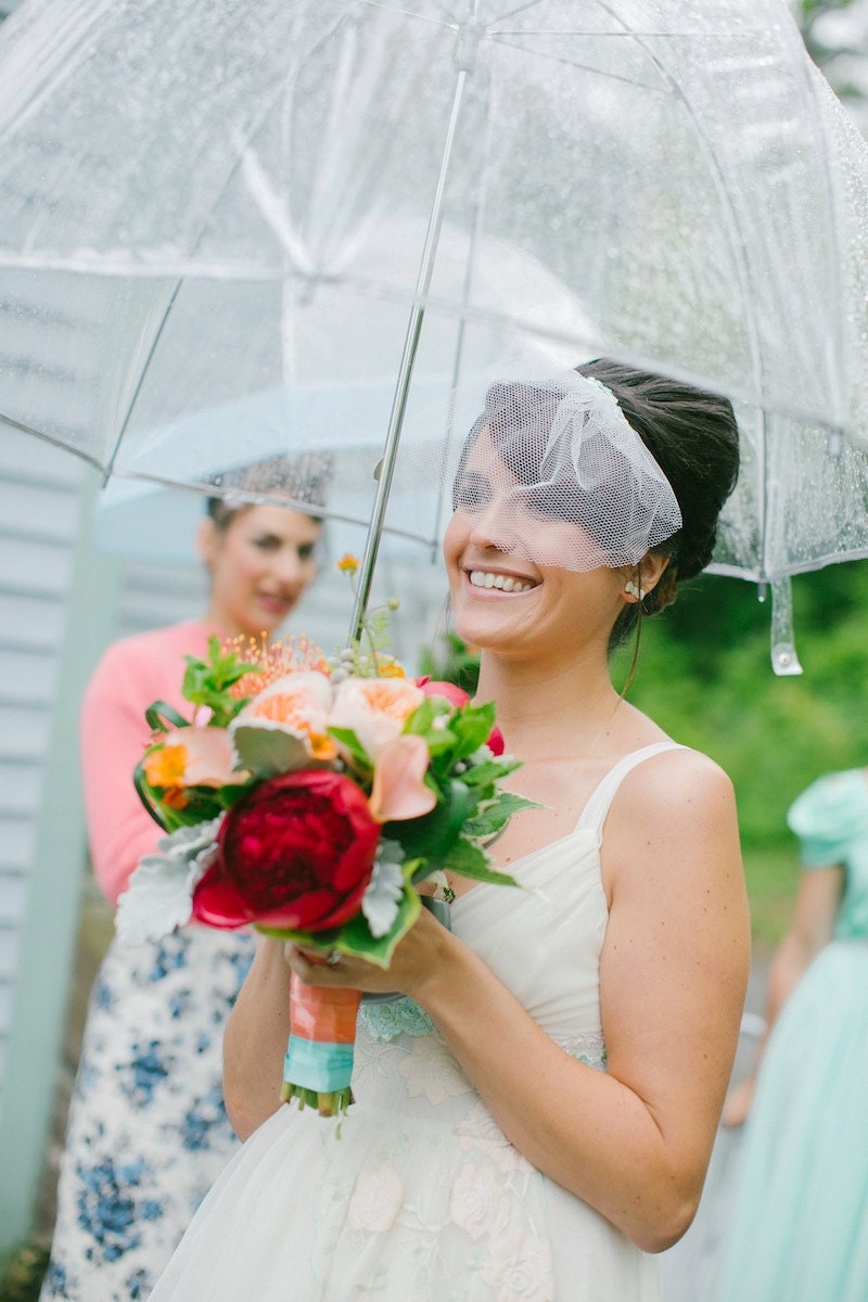 Jane, Birdcage Veil - Handmade with Vintage Netting and Blue/Green Floral Embroidery