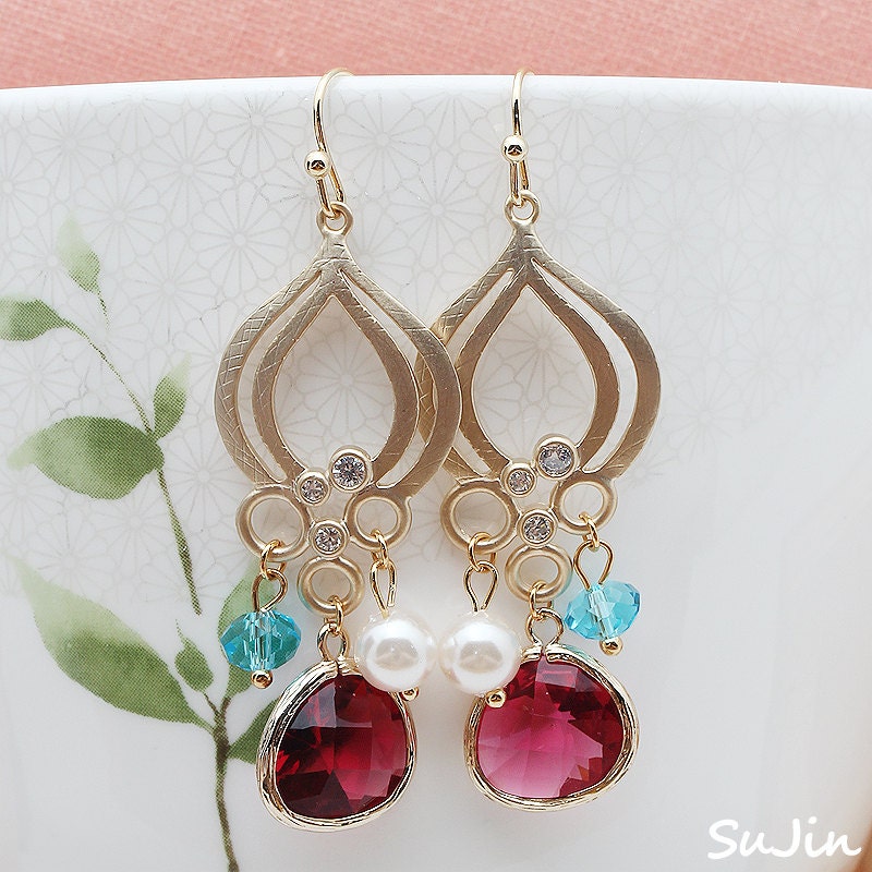 Teardrop and Bubbles Pendant with Ruby Red CZ Droplet, Earrings