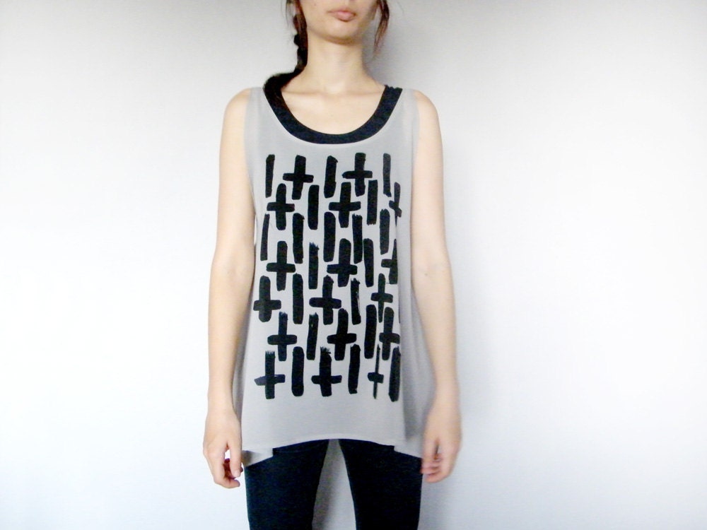 Cross Print Sheer Tank Top Occult Shirt Inverted Cross Geometric Abstraction Gray Chiffon Tunic Black Print - XZOUIX