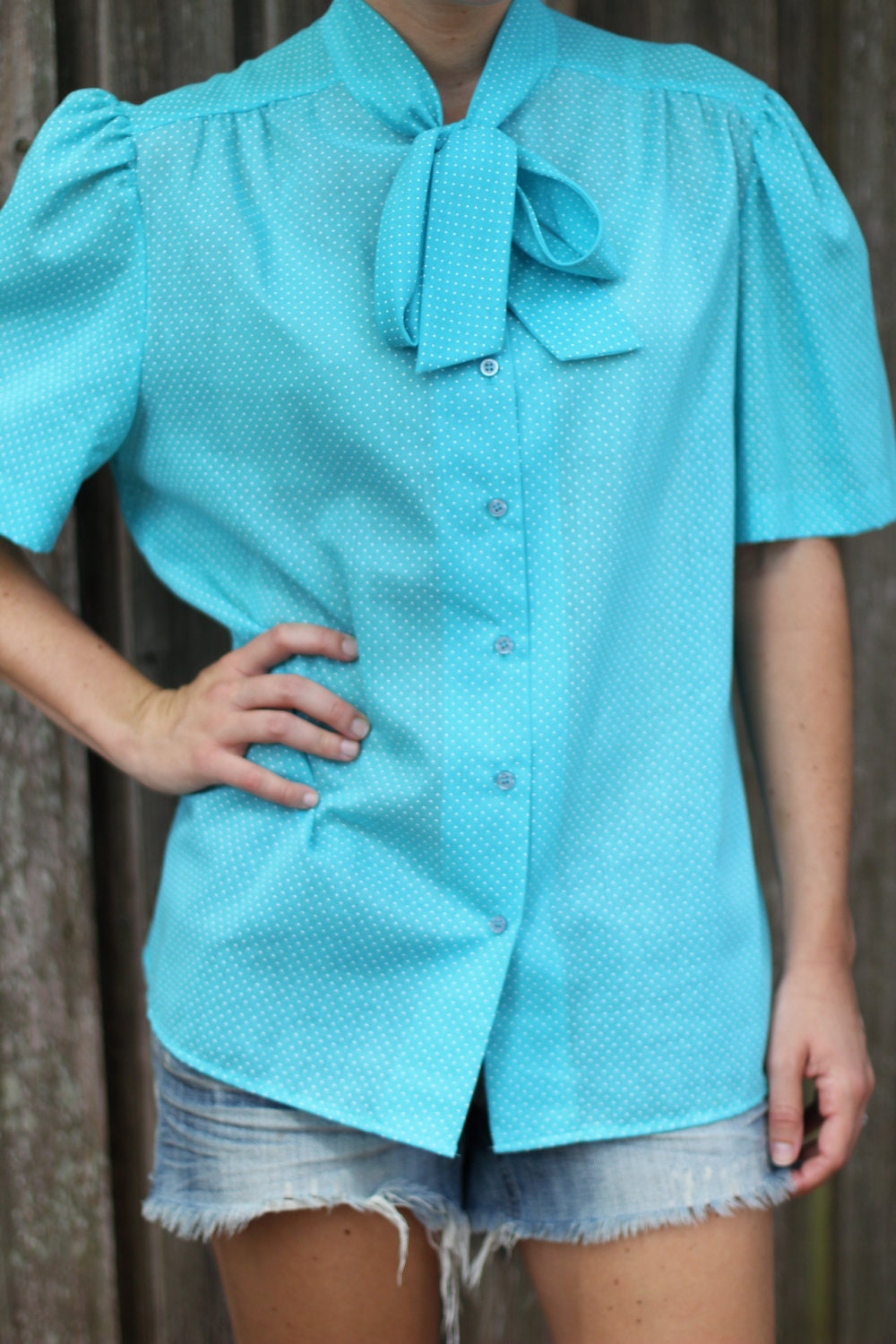 Women's Vintage French Inspired 80's Teal Polka Dot Top Size S/M