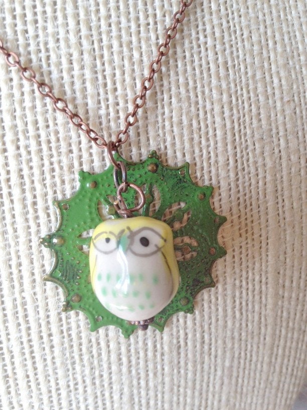 ceramic owl, green and copper pendant necklace
