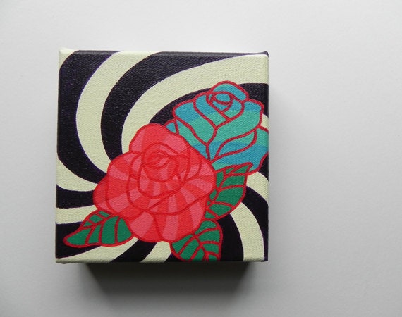 Roses Black and White Stripe Mini Original Acrylic Painting on Canvas (5 x 5 in)