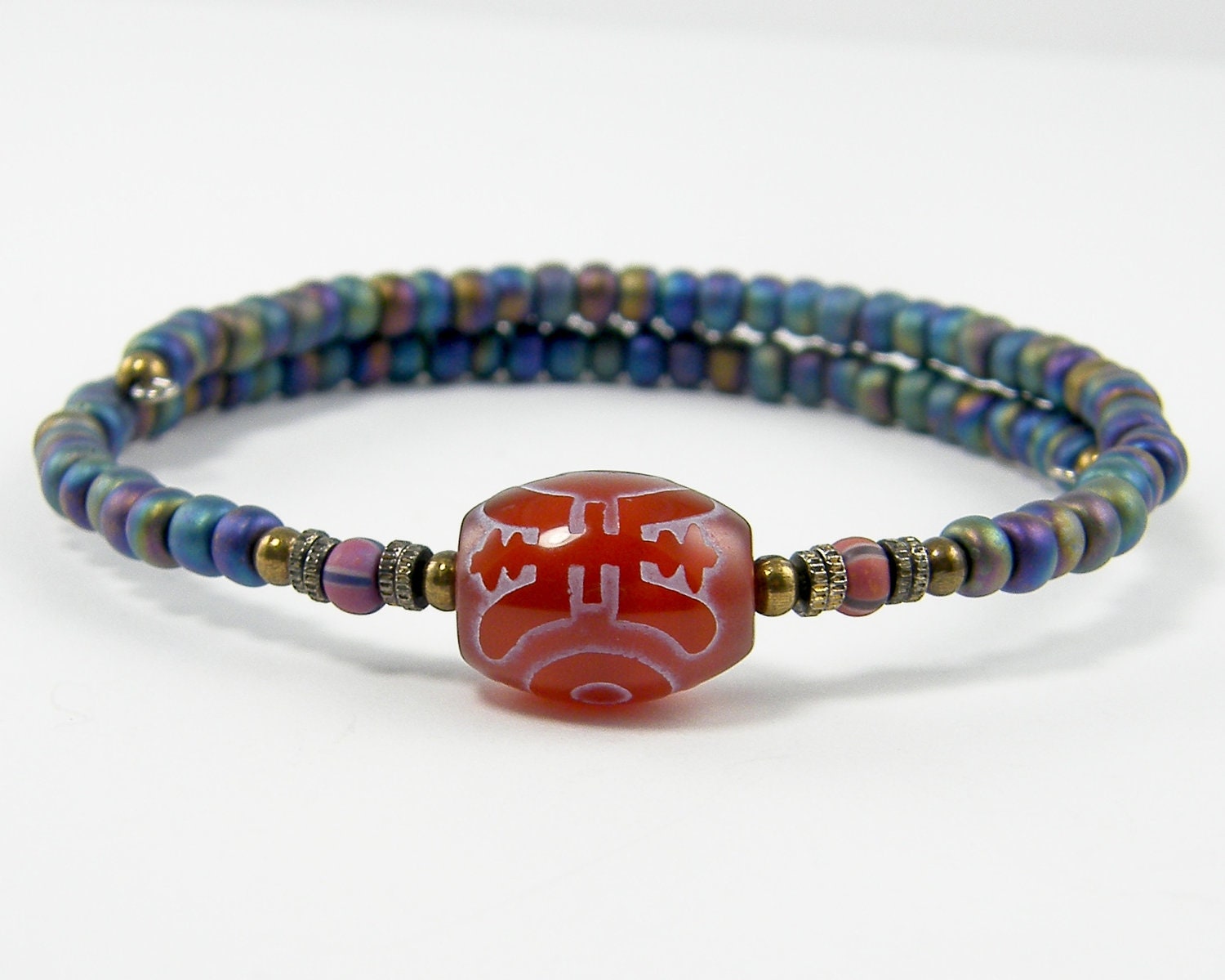 Carnelian Bangle Bracelet Rust Gemstone Tribal Brass Blue Glass Beaded Stackable Stacking Ethnic Jewelry