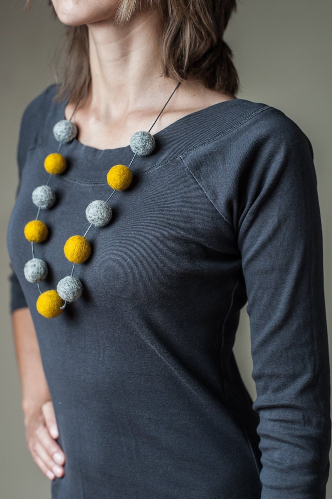 Mustard Grey Necklace Felt Jewelry Extra Long Autumn Statement Necklace Eco Friendly