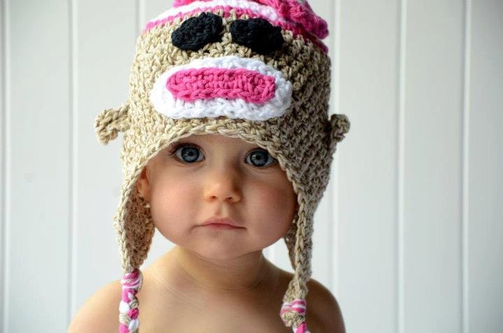 Sock Monkey Hat Crochet for Girls in Marl Brown and Hot PInk - Newborn, Infant, Toddler Sizes
