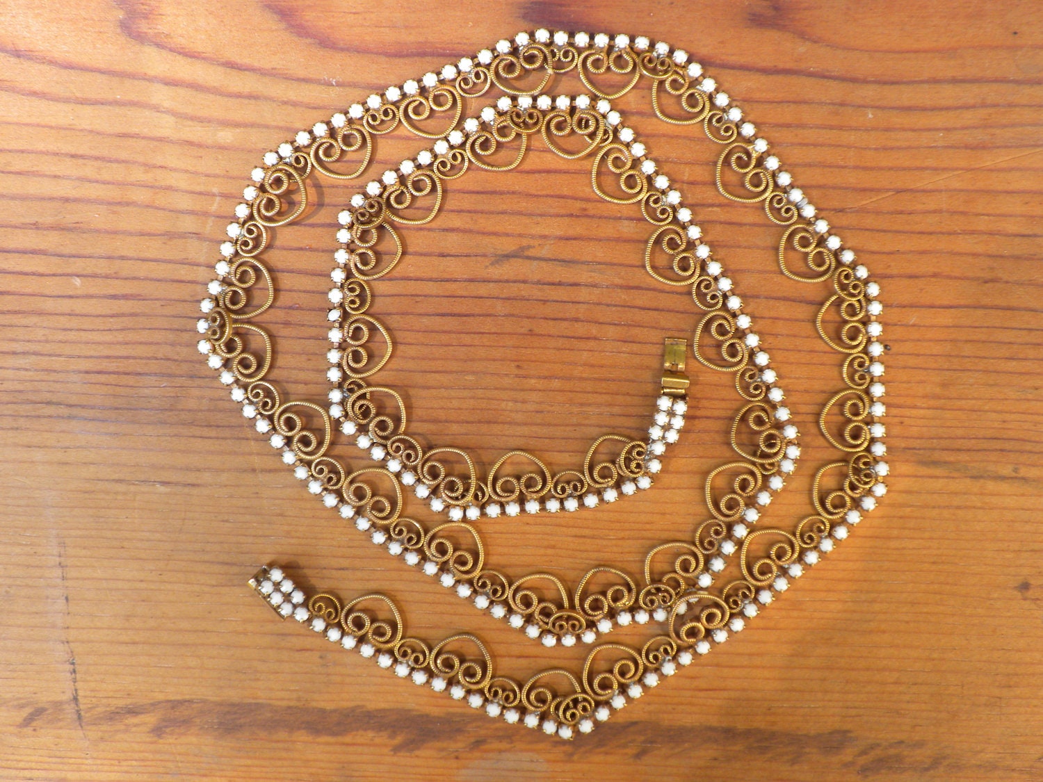 art deco necklace, vintage bronze and white heavy necklace, hearts and white stones, 28 inches