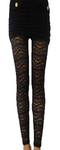 Wave line pattern cozy and easy elastic lace mesh &cotton black leggings (BARI FASHION)