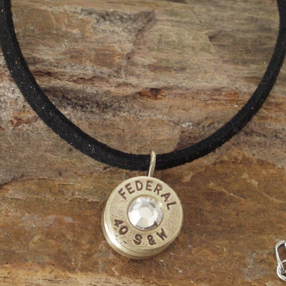 40 Caliber Bullet Casing Necklace - Clear Crystal
