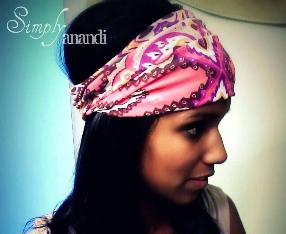 Head scarf--wide headband--coral and pink headband--Women's turban headband--headwrap--stretchy--aztec design