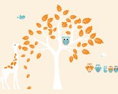 Kids tree vinyl wall decal with giraffe and set of 5 owls and birds  cute for any nursery