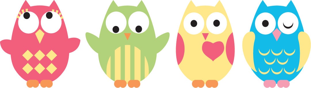 Kids set of 4 owls vinyl wall decal cute for a nursery or childs room or along a crib
