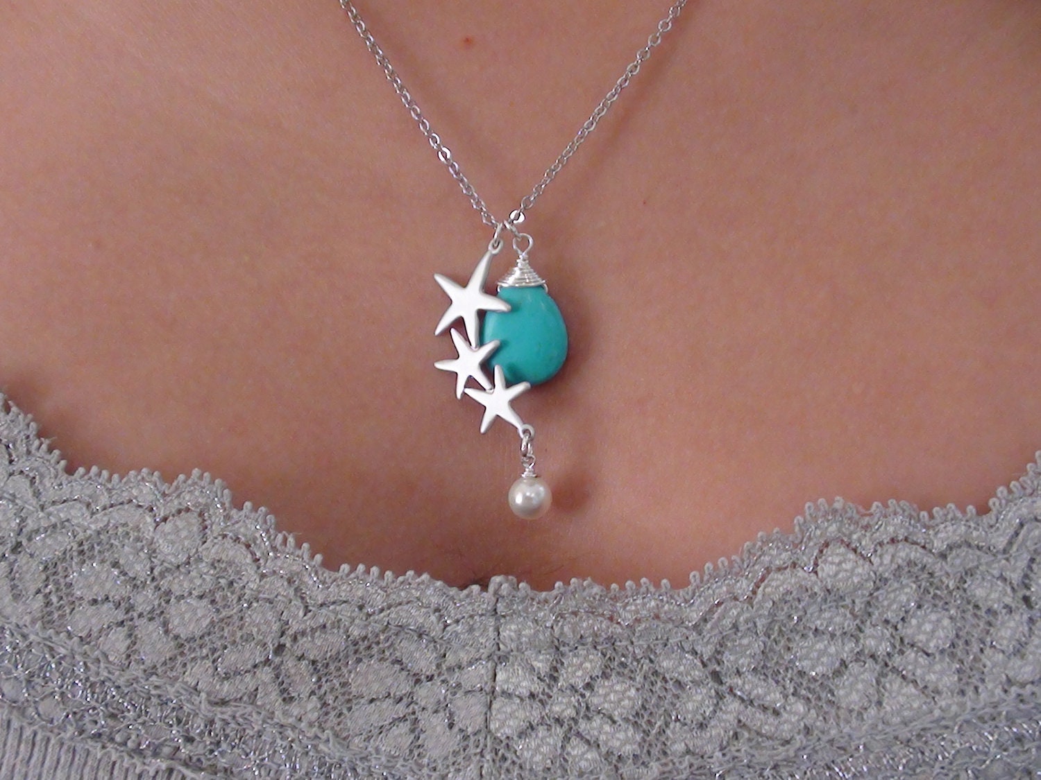 Sale-Personalized Birthstones-Adorable Triple Starfish Connector, Cream Pearl And Briolette-Bridesmaids Gift, Wedding Gift