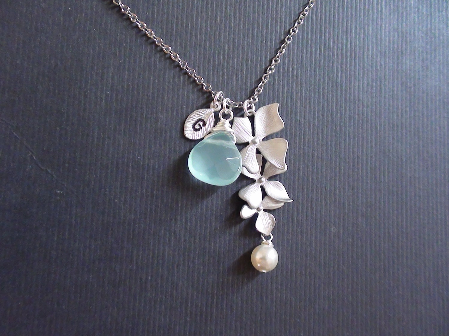 Sale-Personalized Birthstones, Initial Leaf, Wild Orchid Flower Connector, Cream Pearl And Aqua Blue Briolette-Necklace