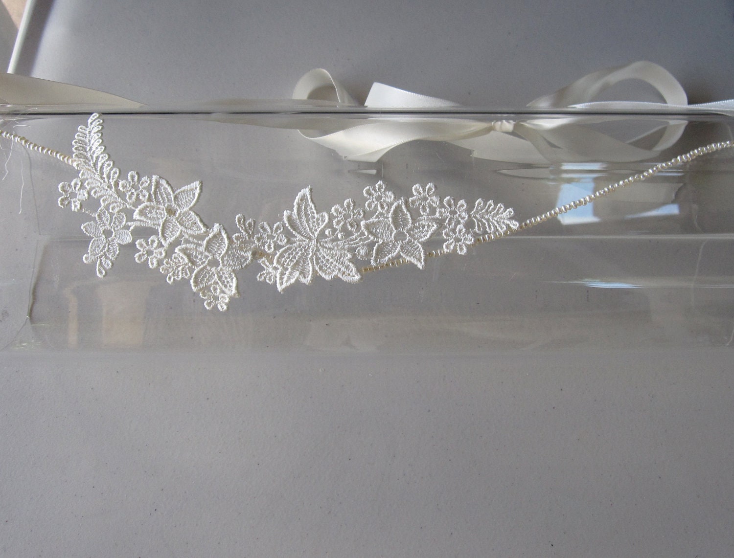 Ivory Lace Flower Pearl Halo Headband with Ivory Satin Ribbon Ties, for weddings, Bridal, parties, special occasions