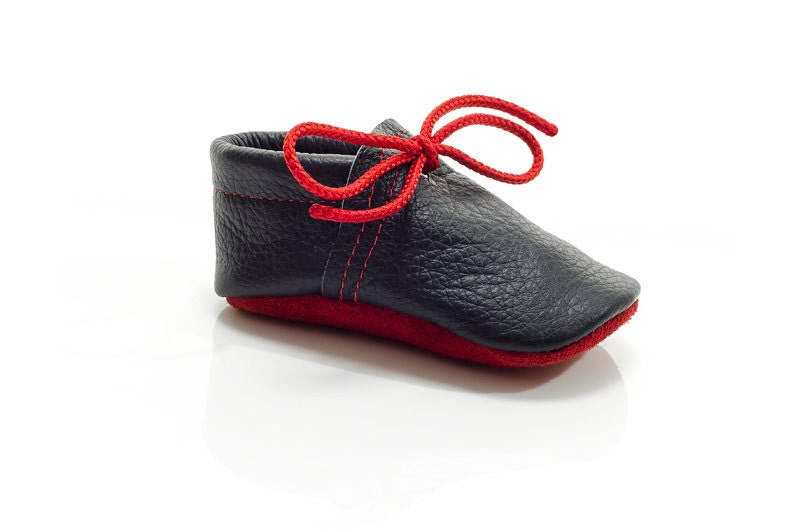 Lambswool lined navy blue and red handmade leather shoes for baby, toddler and children