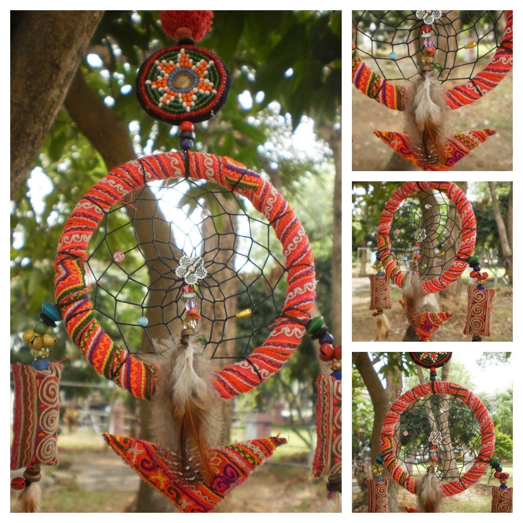 Dream Catcher Handmade with Tribal Hmong Textiles, Beads, Bells, Feathers, Wax Linen and Magic