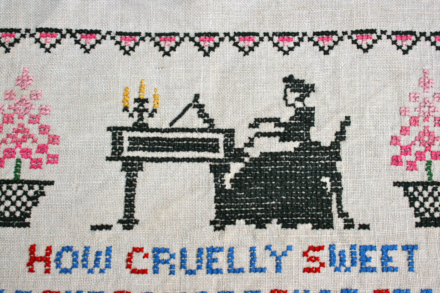 Vintage Cross Stitch Linen Sampler- An Old Tune On The Heart-Woman at Piano