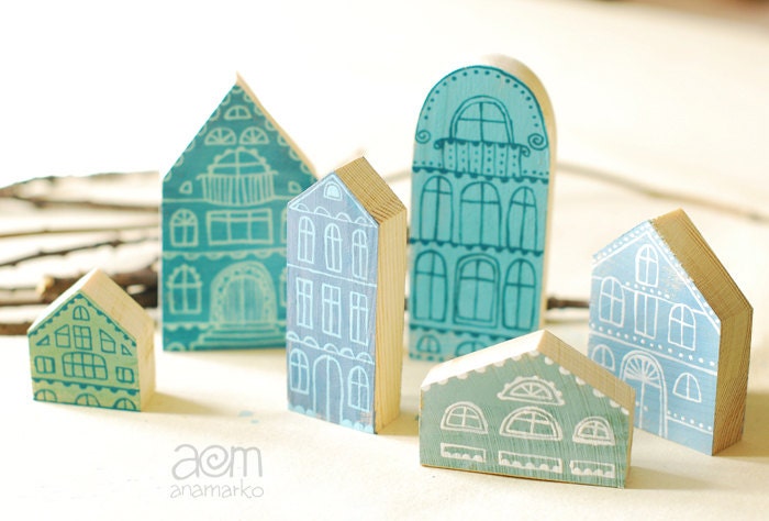 Hand painted wooden village, miniature village, hand painted house, wood block toy house, little wooden house, decorative miniature house