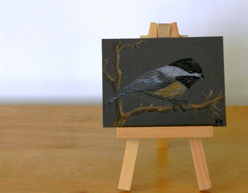 BIRD DRAWING Original Colored Pencil Chickadee ACEO, Miniature Nature Art