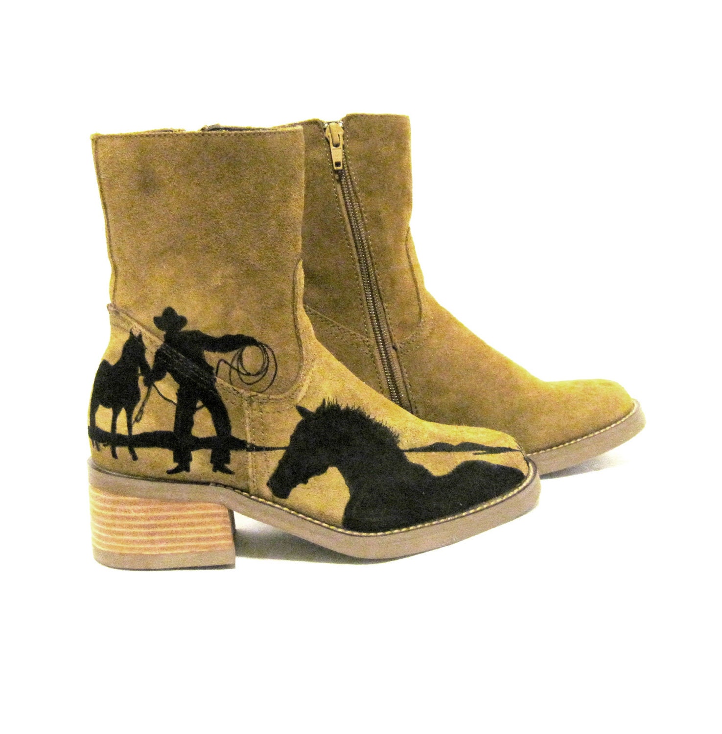 Boots Hand Painted, Cowboy theme, Suede, Western, Size 7