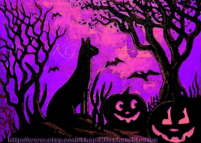 Black Cat & Jackolanterns Altered Painting Photographic  Print 8x10 Halloween Art Purple Pink Sky Spooky Trees Birds Flying by K Graham