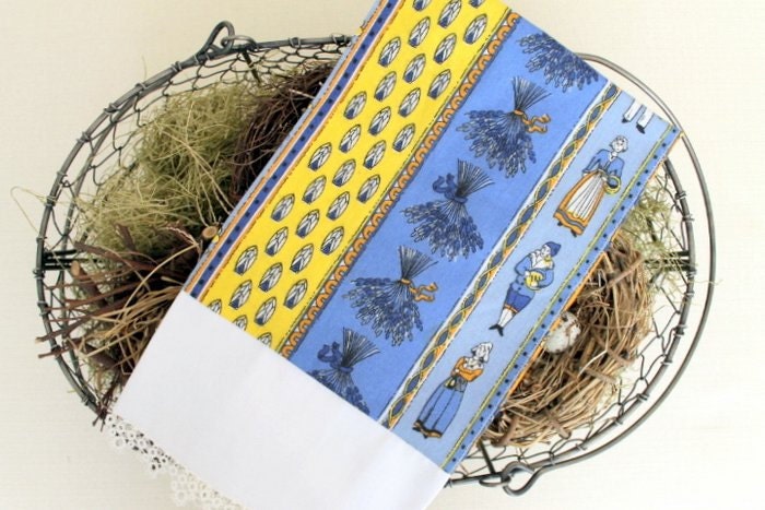 Tea Towel Quimper Inspired Vintage fabric with antique lace trim Blue and Yellow