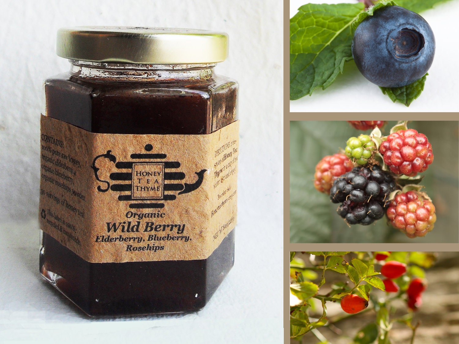 Pure Raw Honey TEA. Organic Wild berry with rosehips, elderberry, & blueberry. Instant all natural tea. 5 oz.