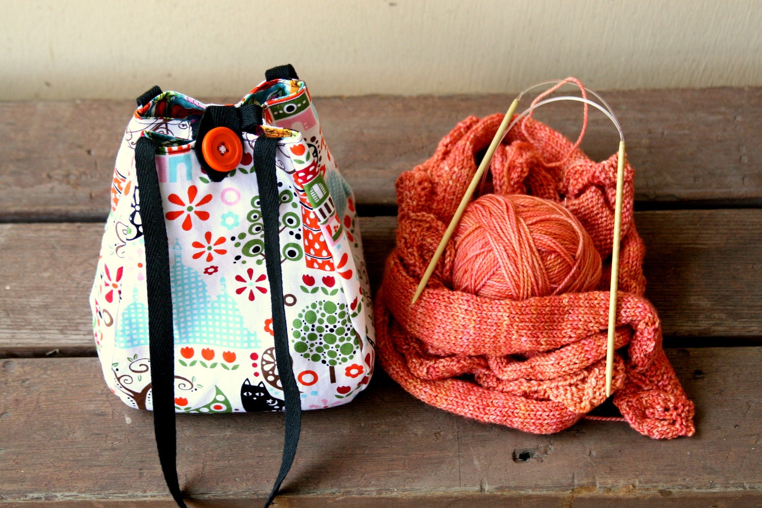 Knitting Project Bag / Crochet Project Bag / Lantern Bag/ Lunch Bag - Small - Paris Summer