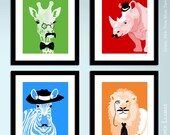 Children's wall art prints, Animals with mustaches - kids wall art - jungle safari animals - Lion, giraffe, rino, zebra - nursery art prints