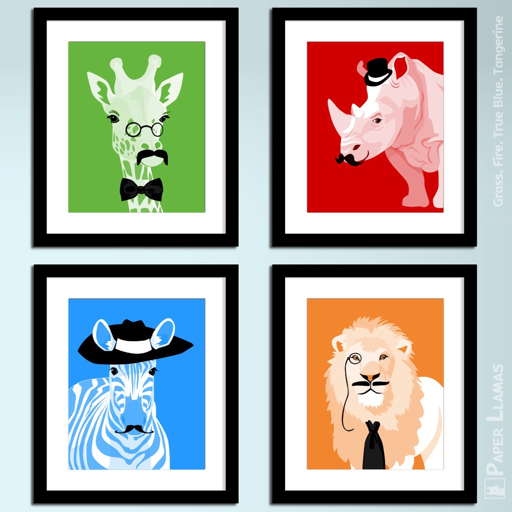 Children's wall art prints, Animals with mustaches - kids wall art - jungle safari animals - Lion, giraffe, rino, zebra - nursery art prints