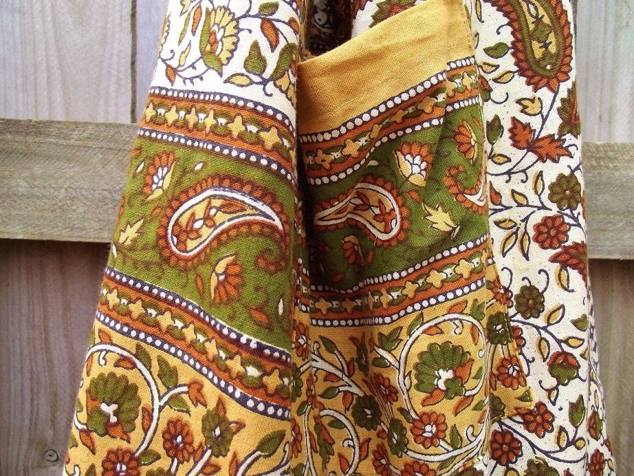 Indian Bag, Block Print Cotton / Greens And Earthy Colours - Large Buddha / Hippie / Bohemian Style