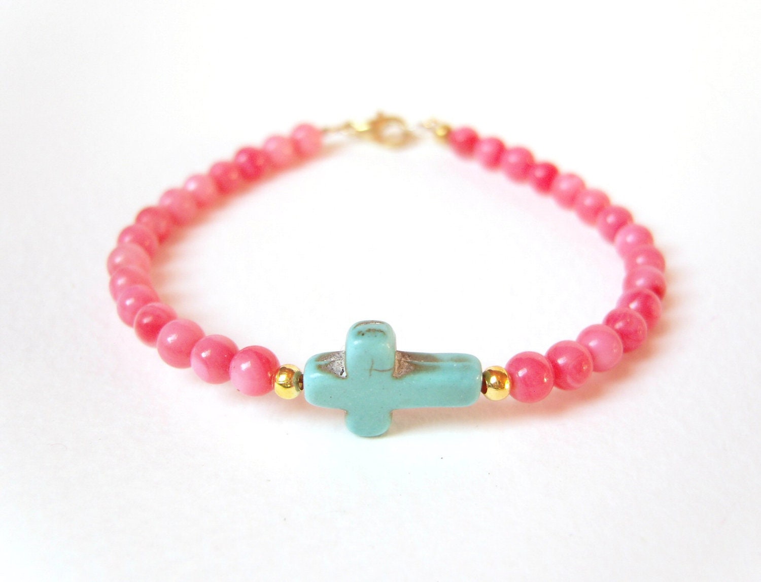 Turquoise Cross Bracelet, Sideways Cross Bracelet, Beaded Bracelet, Coral Jewelry, Under 30