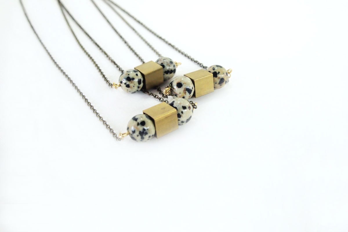 Geometric Necklace : Double Round Dalmatian Jasper on Brass Cube
