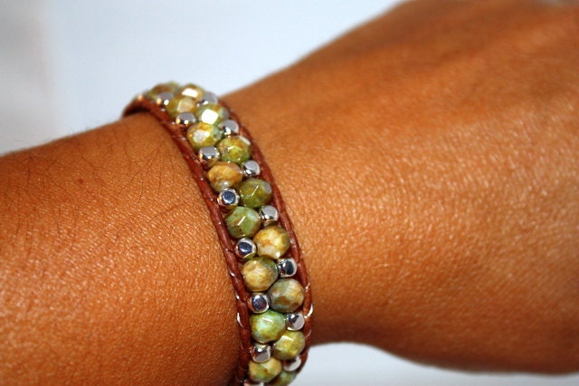 Leather wrap bracelet - beaded wrap bracelet - olive glass beads- chan luu - alternating weave pattern
