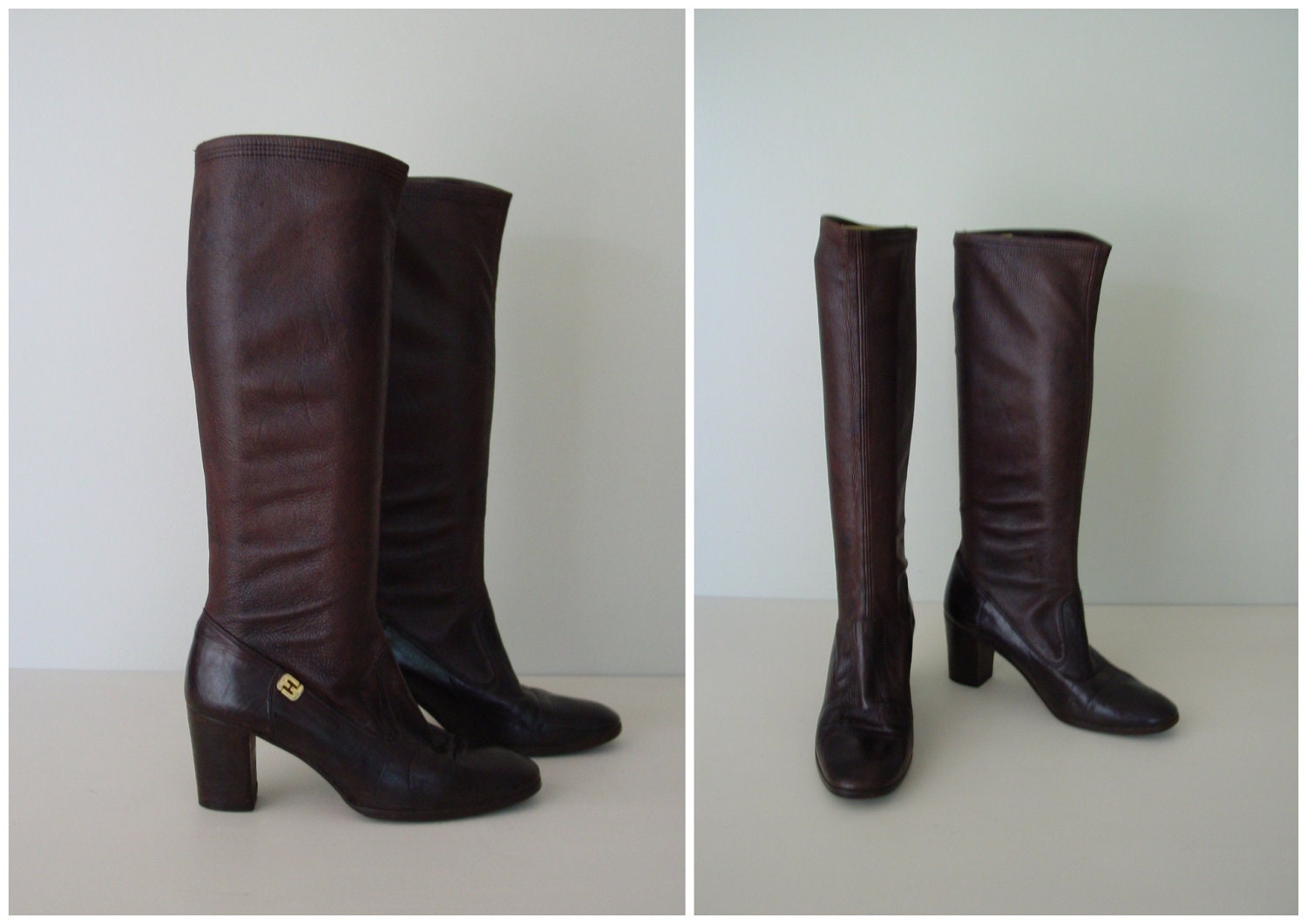 vintage Ferragamo brown leather boots / 1970s knee high boots