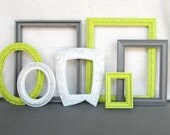 Lime Green, Grey Gray White Ornate Chunky Vintage Frames Set of 7 - Upcycled Frames Modern  Bedroom Decor