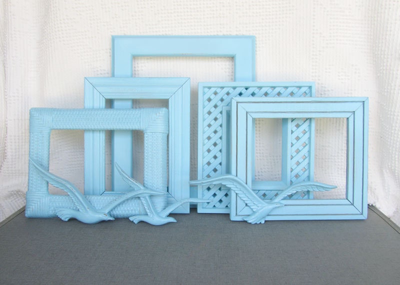 Aqua beachy Shabby Chic Upcycled Frames set of 5 with Seagulls Upcycled Painted Frame set Coastal Cottage Chic Home Decor