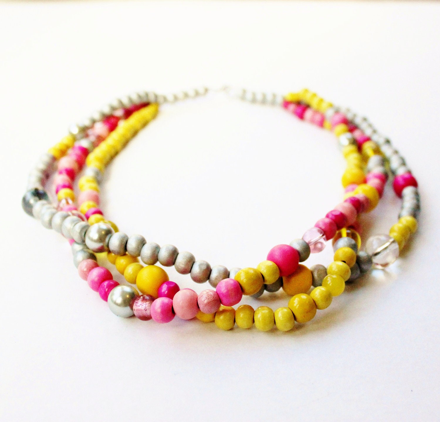 Wood bead necklace, three strand, silver, pink, yellow, retro, boho, funky, contemporary, retro, ladylike, feminine, random
