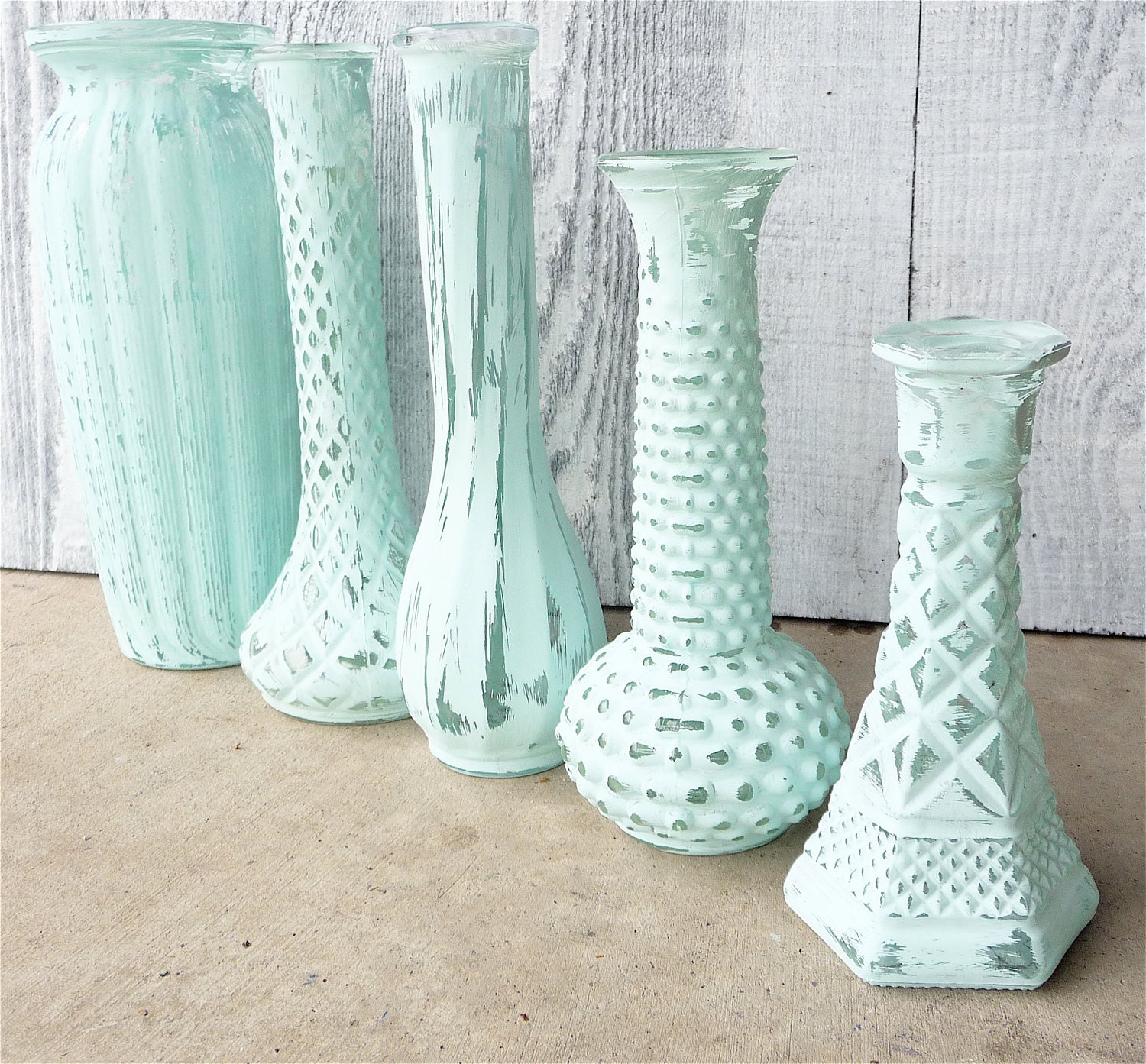 SHABBY CHIC Painted Vases Set of 5 in Teal Aqua by HuckleberryVntg