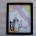 digital wall art, coffee pot print on vintage 8 x 10" map of italy