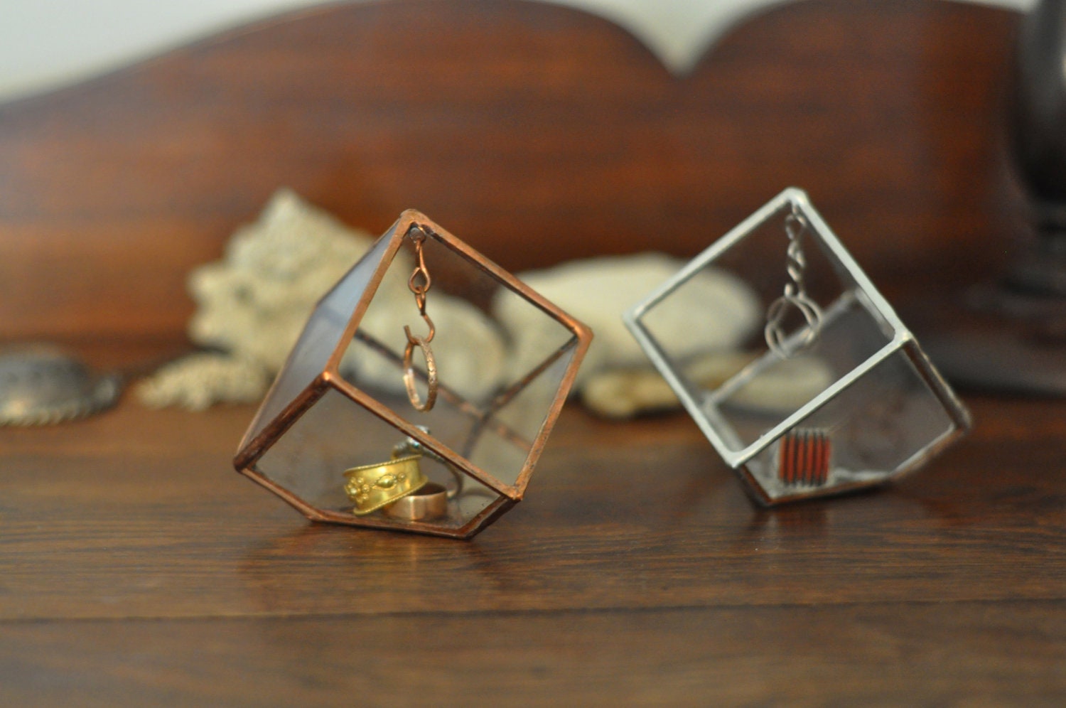 Stained Glass Ring Holder - Glass Display Box - silver or copper - eco friendly - etching
