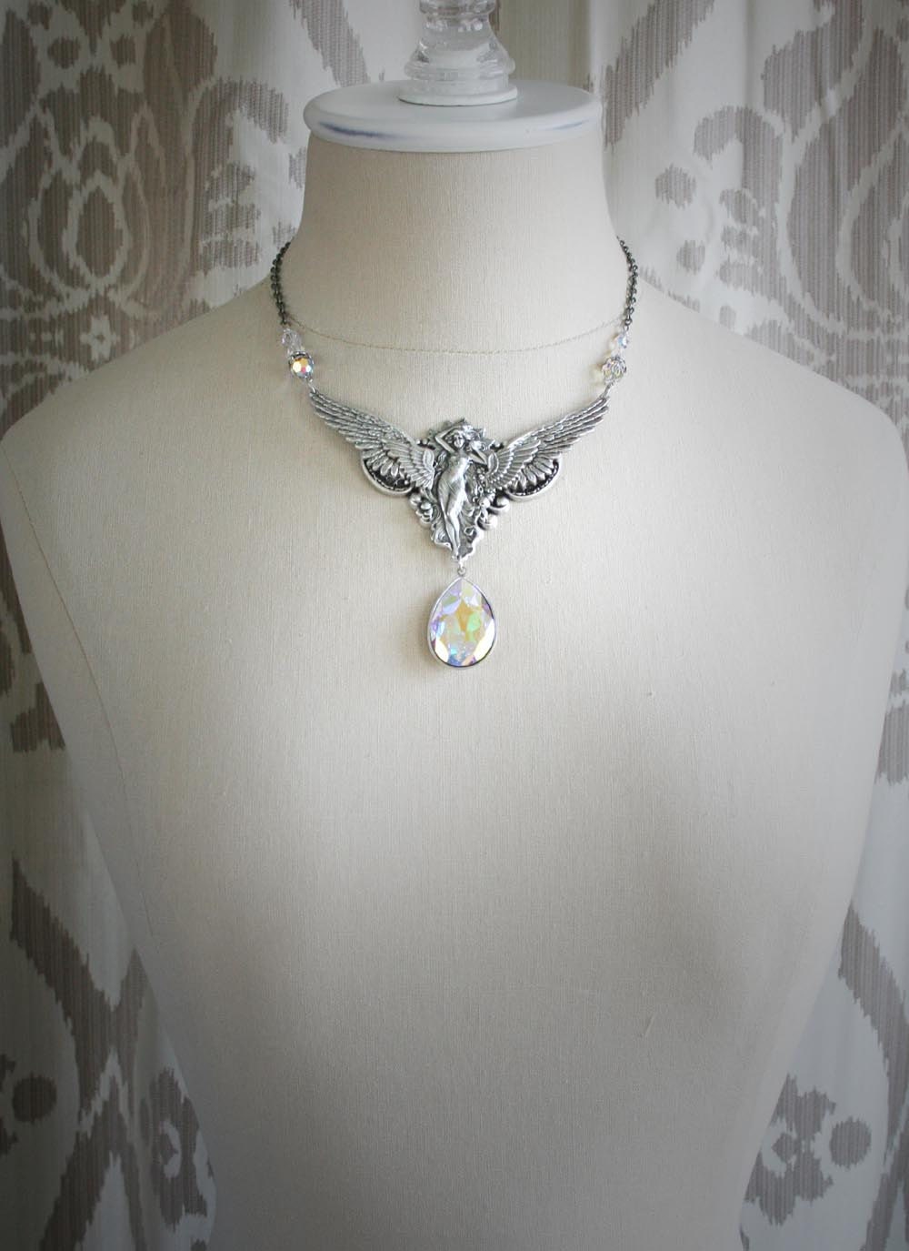 THE GUARDIAN romantic vintage fantasy inspired angel necklace with large Swarovski crystal, free gift boxing