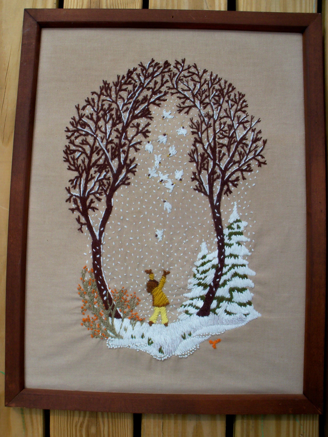 Handmade needlepoint framed art winter scene Free Shipping