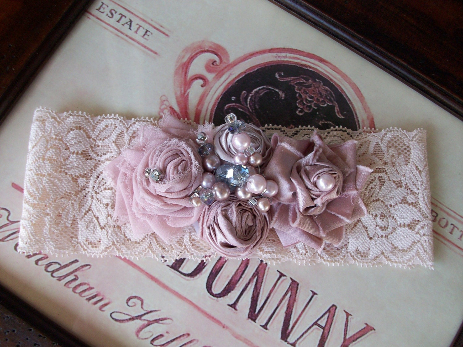 Wedding Garter and Toss- Vintage Heirloom Garter Set- Tea Dyed Garter Set with Pearls and Crystals-- Blushing Rose