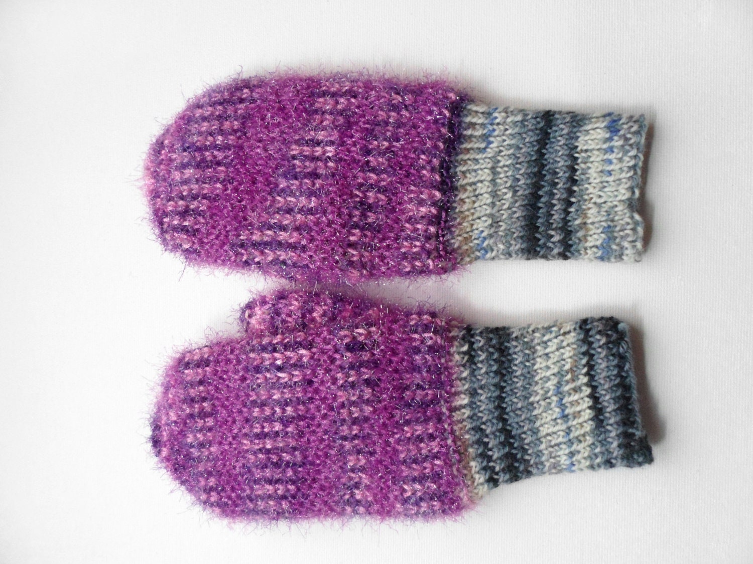 Hand Knitted Mittens - Gray and Violet, Size Small - UnlimitedCraftworks